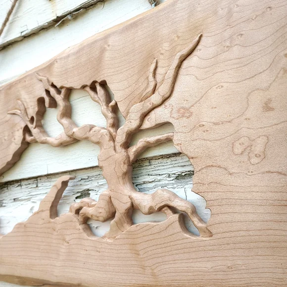 Hand Carved Wood Lake Superior Wall Hanging with Tree - Picture 3 of 6